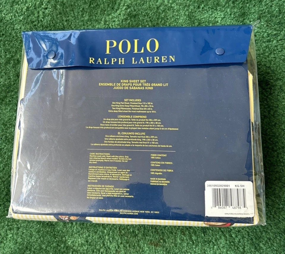 Polo RL Male Polo Bear King Sheet Set Yellow Oxford Stripe 4 Piece New Version - Image 3 of 4