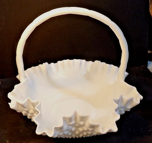 Vintage Large 11.5" Fenton White Milk Glass HOBNAIL CRIMPED BASKET (damaged)