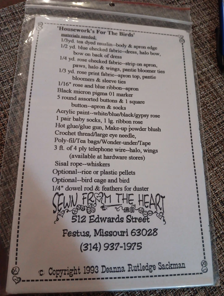 Sewn From The Heart #118 15" Kitten Angel " Housework's For The Birds" NEW UC FF - Image 3 of 3