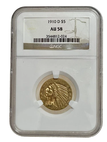 1910-D $5 Dollar Indian Head Half Eagle U.S Gold Coin NGC AU 58