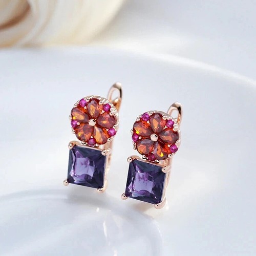 3Ct Princess Cut Lab-Created Amethyst Drop/Dangle Earrings 14K Rose Gold Plated - Picture 2 of 6