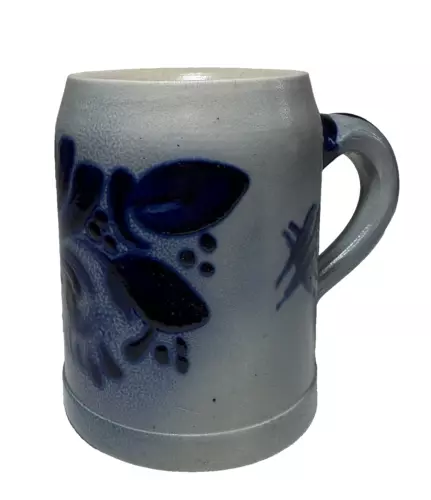 Vintage  Salt Glazed Cobalt Blue & Gray Stoneware Mug Signed