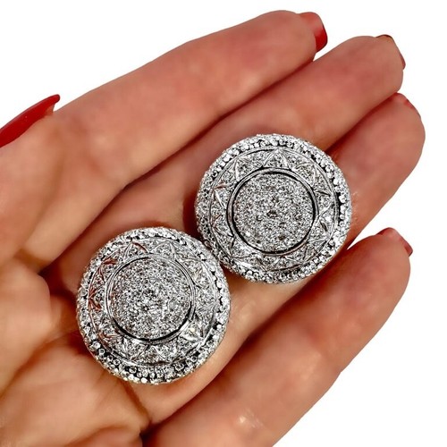 Stylish 18K White Gold & Diamond Dome Earrings 7/8 Inch Diameter - Picture 9 of 10