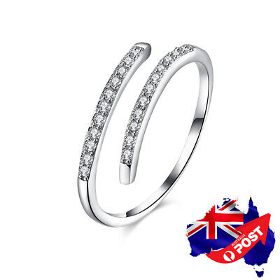 New 925 Sterling Silver Solid Simple Heart Crystal Wedding Engagement Band Ring