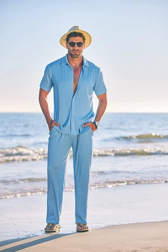 Men Outfit 2-Piece Set Half Sleeve Button Shirt and Pants Sweatsuit Set - Picture 9 of 30