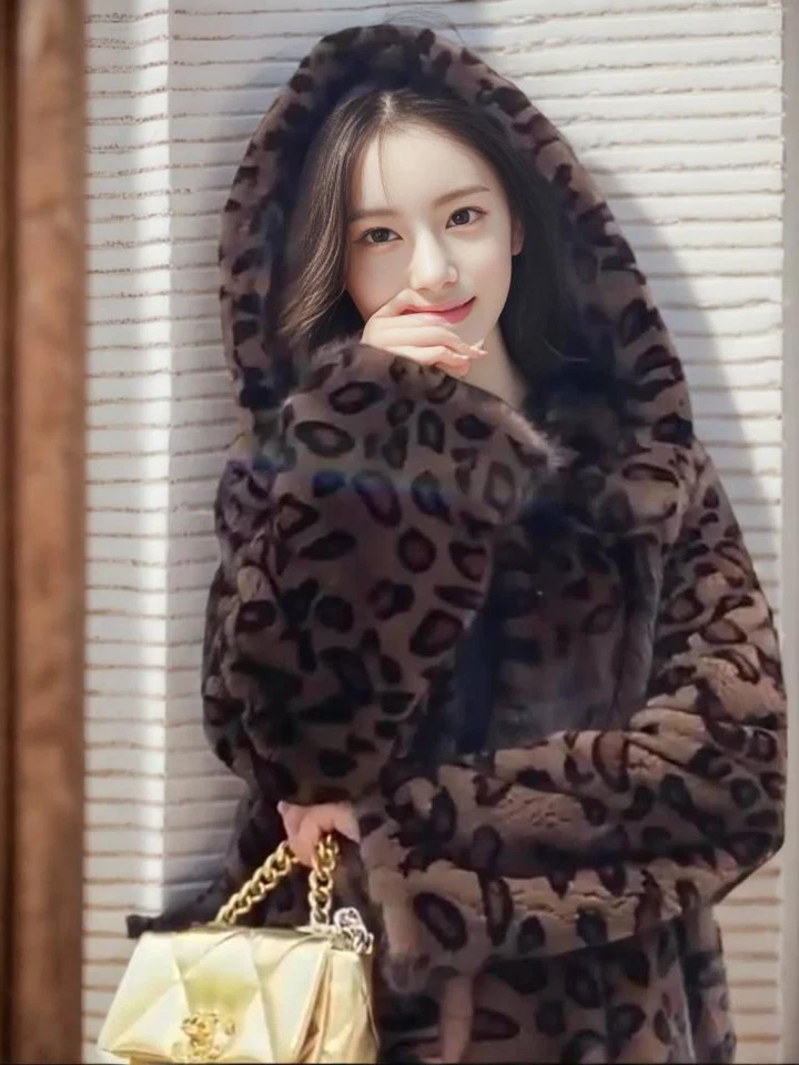 Women's Mink Fur Jacket Winter Hooded Long Fur Coat Leopard Velvet Temperament - Image 4 of 4
