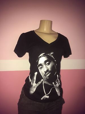 Womens Tupac West Side Black V-Neck Shirt / 2pac West Coast Shakur / BIG