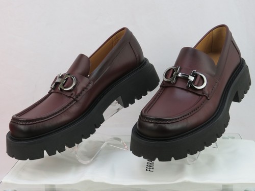 FERRAGAMO BURGUNDY LEATHER FLORIAN LUG SOLE GANCINI BIT LOGO LOAFERS 11 EE 44 IT - Picture 6 of 12
