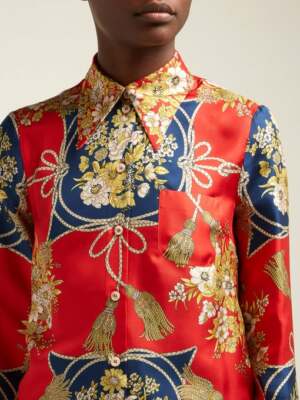 NEW Auth GUCCI FLORAL & TASSEL Print 100% SILK Twill BLOUSE Shirt