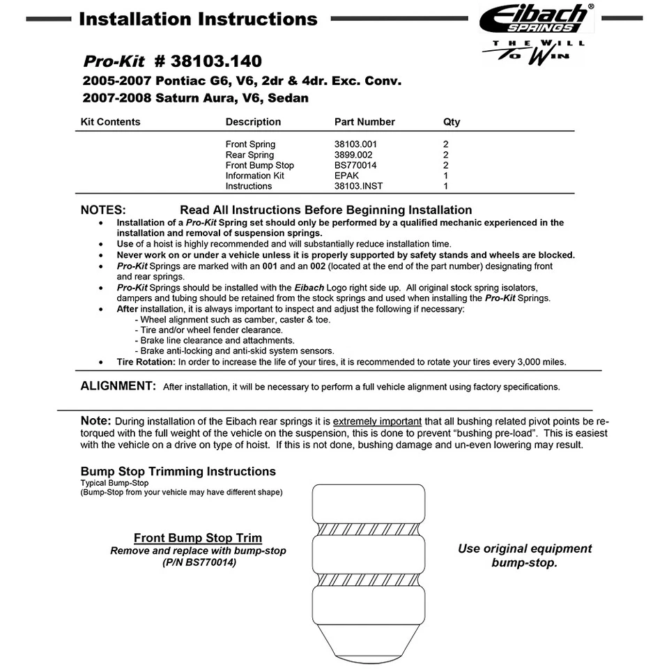 Kit de muelles rebajadores delanteros traseros Eibach 38103.140 PRO-KIT para 05-10 Pontiac G6 V6 Foto 2 de 4
