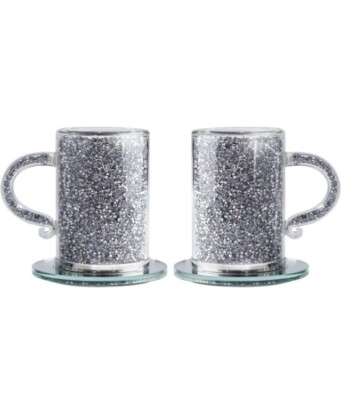Silver Glass Coffee Mugs with Coasters (set of 2) - 6.7oz