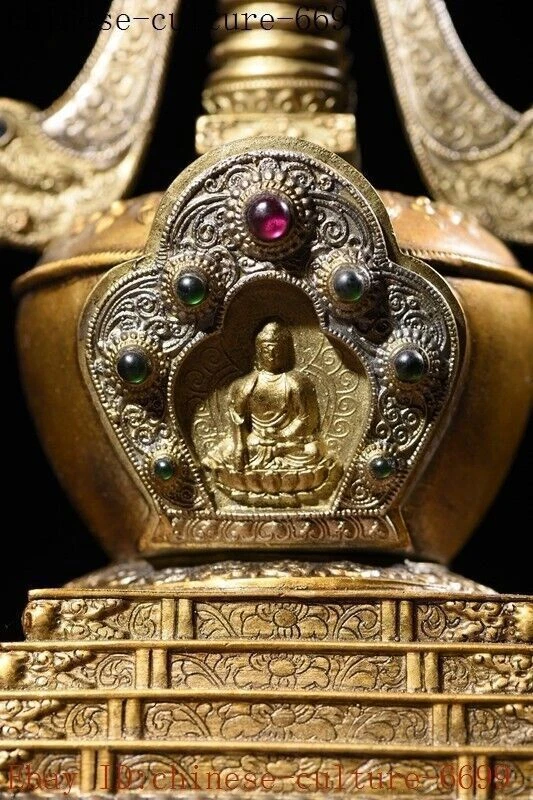 13英寸西藏青铜银色镀金镶嵌宝石释迦牟尼佛塔雕像 — 第 3/4 张图片