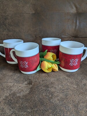 Vintage X4 Becher Tasse Kaffee Deko Weihnachten Tee Snow Flake Flocke Royal Prestige Arcopal