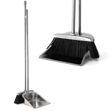 VOOWO Heavy Duty Broom and Dustpan Set Stainless Steel Broom and Dustpan Set ...