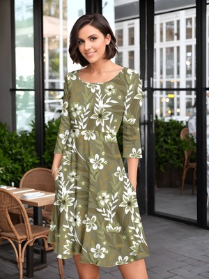 Bon Apple Tea Women's Three Quarter Sleeve Dress with Pockets