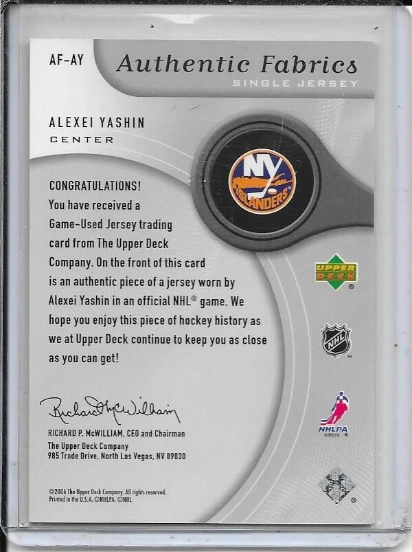 2005-06 SP Game Used Alexei Yashin Authentic Fabrics Jersey # AF-AY - Image 2 of 2