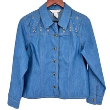 NEW NWOT Napa Valley Petite Medium PM Blue Denim Chambray Beaded Top Jacket