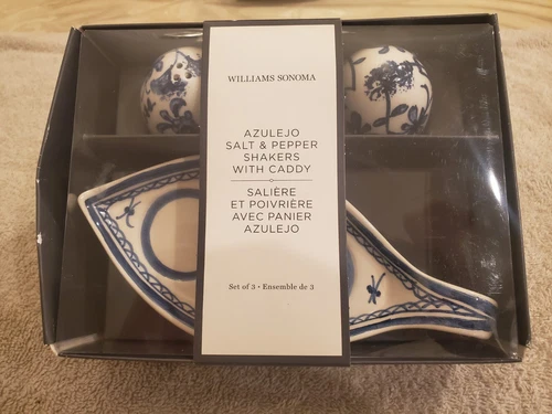 Williams Sonoma Azulejo Salt & Pepper Shakers with Caddy Blue White Portuguese