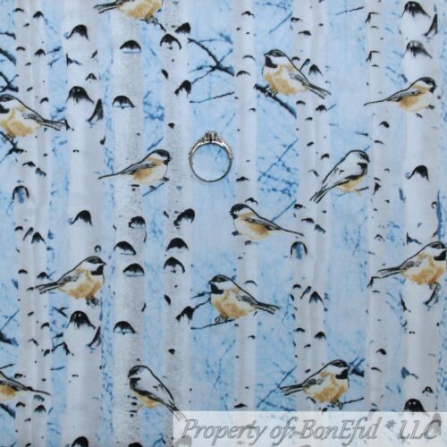 BonEful Fabric FQ Cotton Quilt VTG Blue White Birch Tree Branch Bird Winter Xmas - Picture 1 of 12
