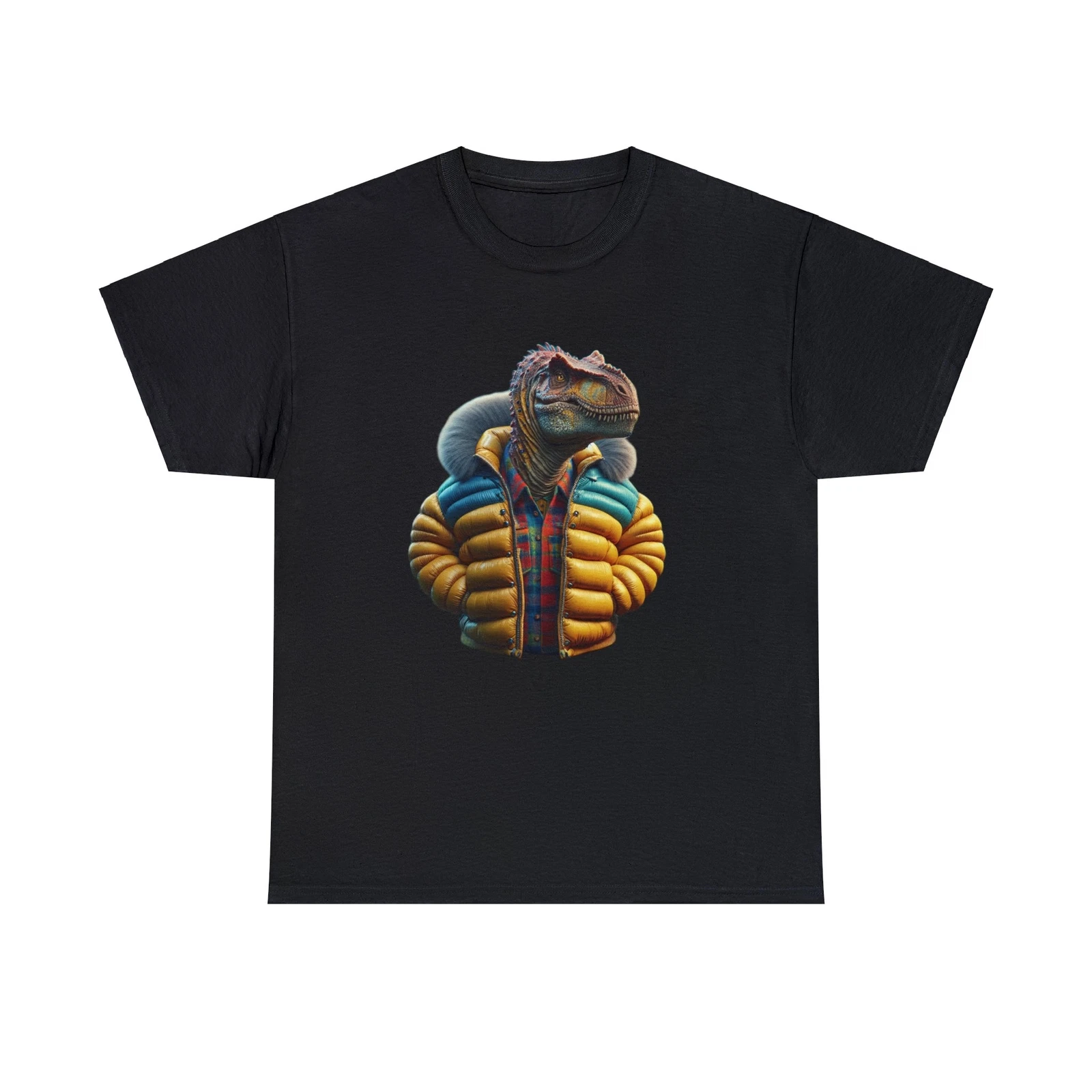 Unisex Adult T shirt Dinosaur wearing a Puffer Jacket and Flannel Streetwear Tee