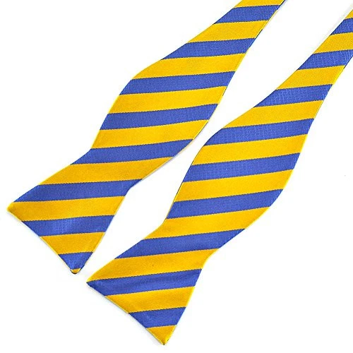  Mens Self Bow Tie Classic Stripe Woven Silk Golden Yellow & Blue Stripes - Image 3 of 4