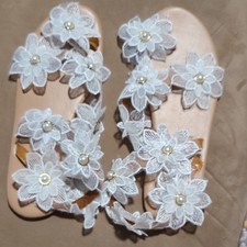 White Floral Beaded Strappy Slip On Sandals for Women