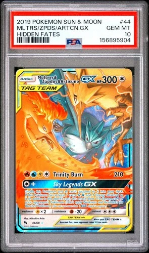 Pokemon TCG Hidden Fates Moltres & Zapdos & Articuno GX 44/68 PSA 10
