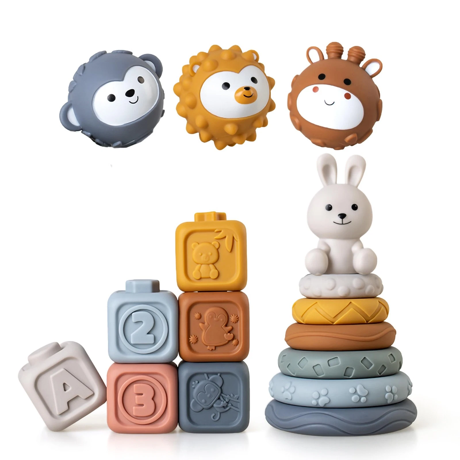 3 in 1 Baby Toys Bundle,Soft Stacking Building Blocks,Teething Ring & Sensory...