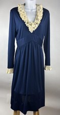 Vintage Victor Costa Dress Ruffle Column V Neck Gown Retro Victorian Navy Size