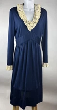 Vintage Victor Costa Dress Ruffle Column V Neck Gown Retro Victorian Navy Size ?