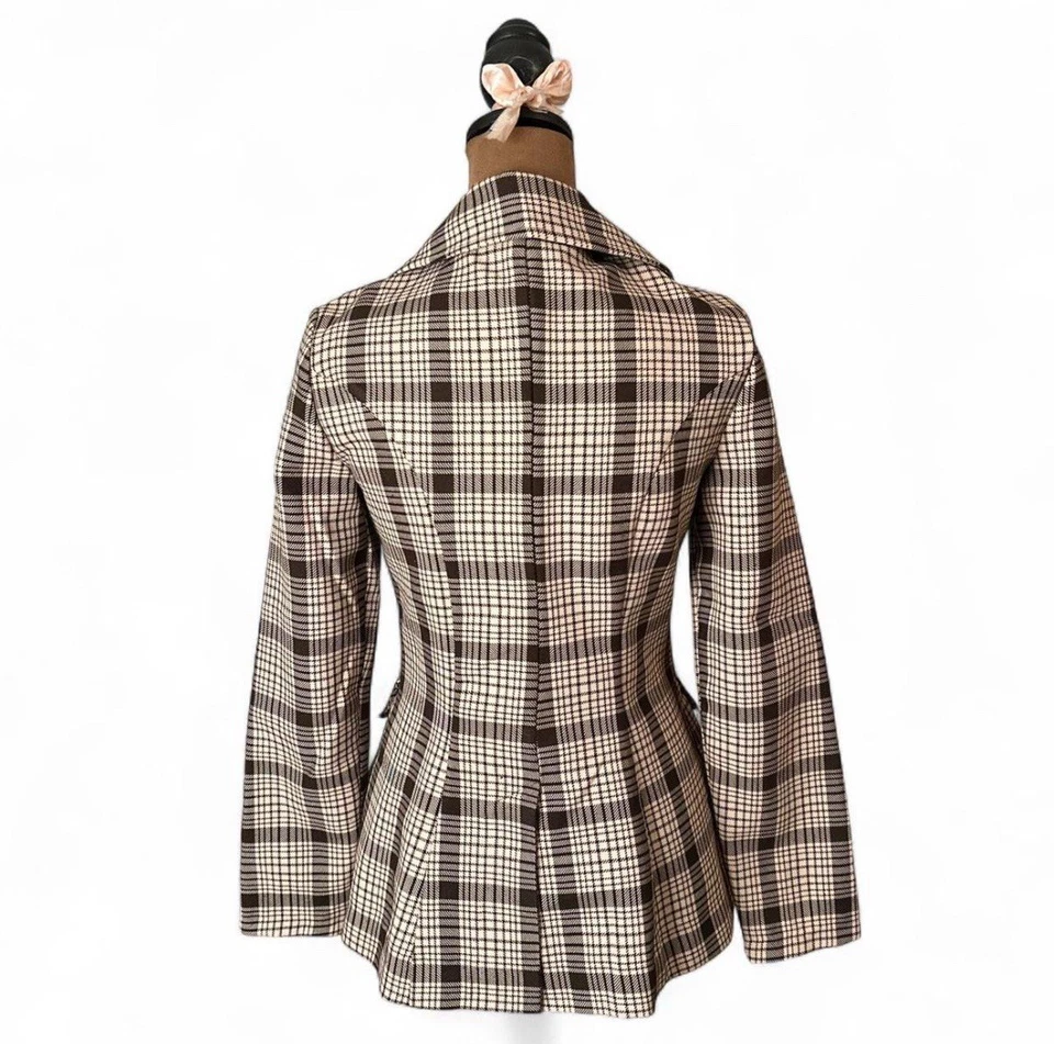 Vintage 70s Fitted Blazer Gaddi California XS/S Brown & Tan Plaid - Image 2 of 4