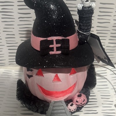 Pink Black LED Pumpkin Witch Hat Halloween Figurine Resin Hand Painted Glitter