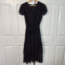 BTFBM Black Swiss Dot Ruffle Midi Dress Womens Medium V-Neck Flutter Sleeve Wrap