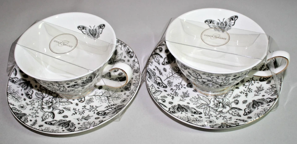Grace Teaware Tea Cups & Saucers Set of Two, Black Floral Gold Accent New - Image 2 of 3