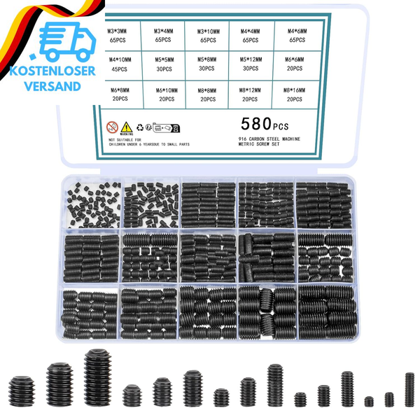 580 StüCk Madenschrauben Set, M3 M4 M5 M6 M8 Madenschrauben Sortiment Set, Innen-image
