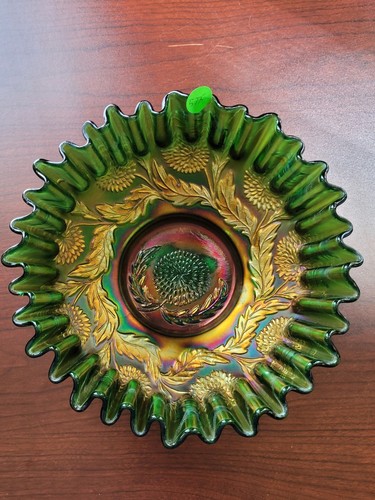 Nice Fenton Green Carnival Glass Ten Mums Pattern CRE Edge Bowl - Picture 21 of 21