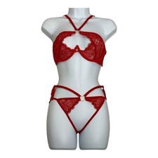 Fredericks of Hollywood Red Floral Lace Bra  Thong Panty Set SM Heart