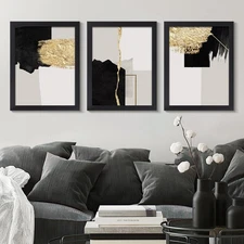 Set of 3 Abstract Canvas Wall Art Black and Gold Geometric Color Blocks Paint...