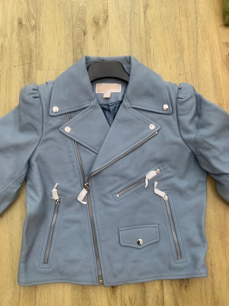NWT womens MICHAEL KORS chambray leather biker jacket size M uk 10 12 RRP 500