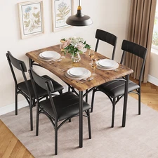 5-Piece Dining Table Set – Rustic Brown Table with Steel Frame & 4 Cushioned Cha