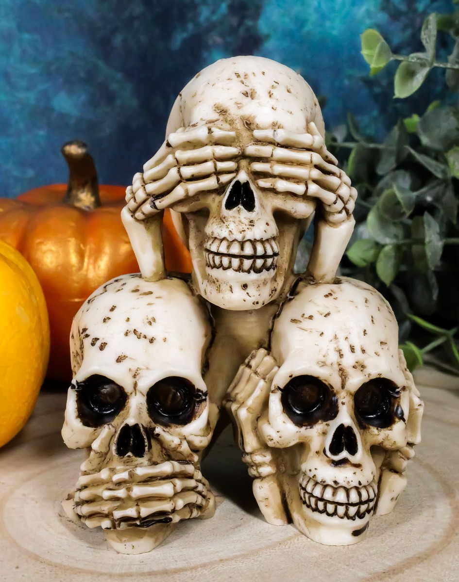 Stacked See Hear Speak No Evil Skulls Figurine Halloween Skeleton