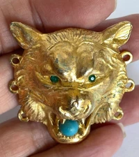 Vintage Roaring Lion Head Gold Tone Brass with Turquoise Stones Jewelry Findings