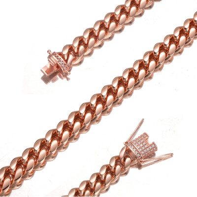 Men Women  Rose Gold Stainless Steel Miami Cuban Link Chain Necklace CZ Clasp