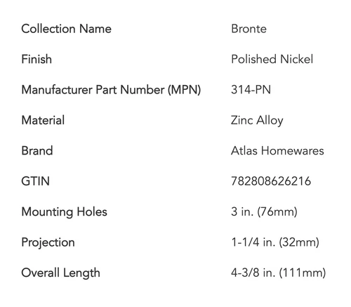 Atlas Homewares 314 Bronte 3" C-to-C Bar Cabinet Pull In Polished Nickel, New! - Picture 3 of 3