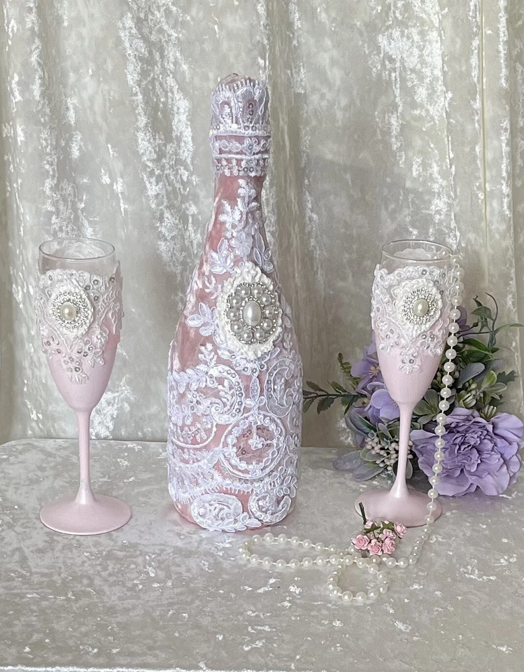 Wedding Champagne Toasting Set Flute  Ribbon/Pearls/Rhinestones/Rhinestone - Image 2 of 4