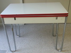Vintage Porcelain Enamel Table White W Red Trim Complete Excellent