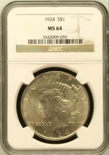 :1924-P 1$ SILVER PEACE DOLLAR SUPER LUSTROUS NGC NEAR GEM MS64 HIGHEST GRADES