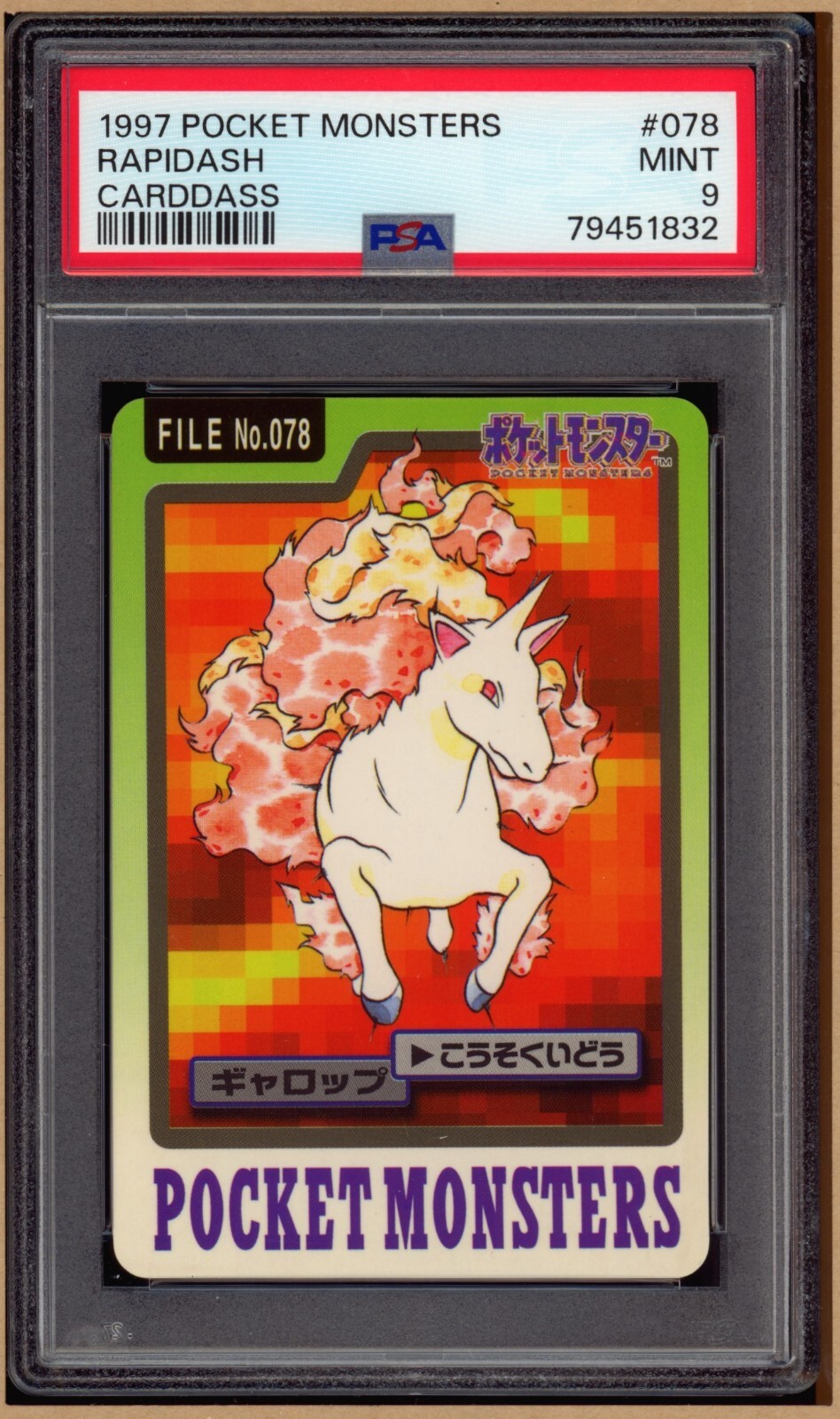 Pokemon 1997 Japanese Bandai Pocket Monsters Carddass No. 078 - Rapidash - PSA 9