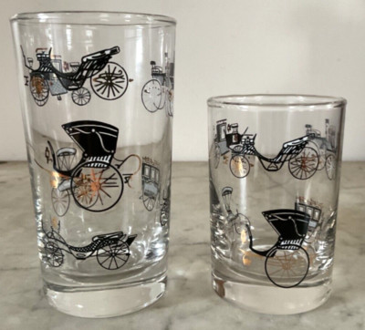 Vintage Libbey Horseless Carriage Black Gold Cars Highball & Juice Drink Glasses