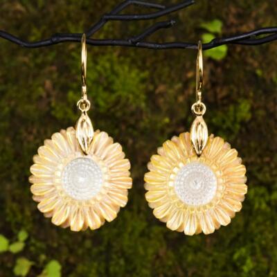 Margerite Blume Ohrringe Perlmutt Muschel & Gold Vermeil Sterling 5.25 G